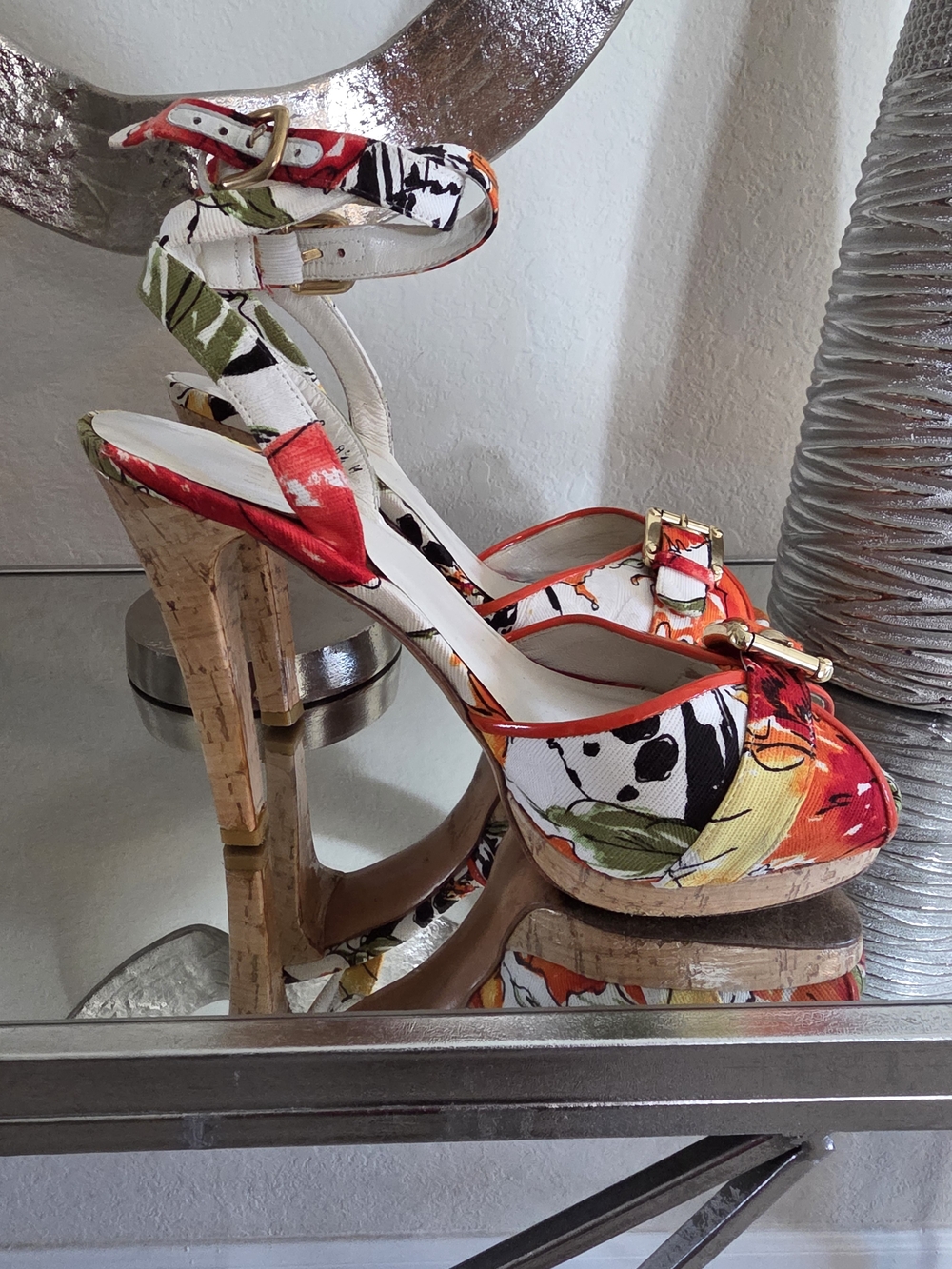 Stuart Weitzman Floral Multi-Color Cork Platform Ankle-Strap Heels - Picture 2 of 7
